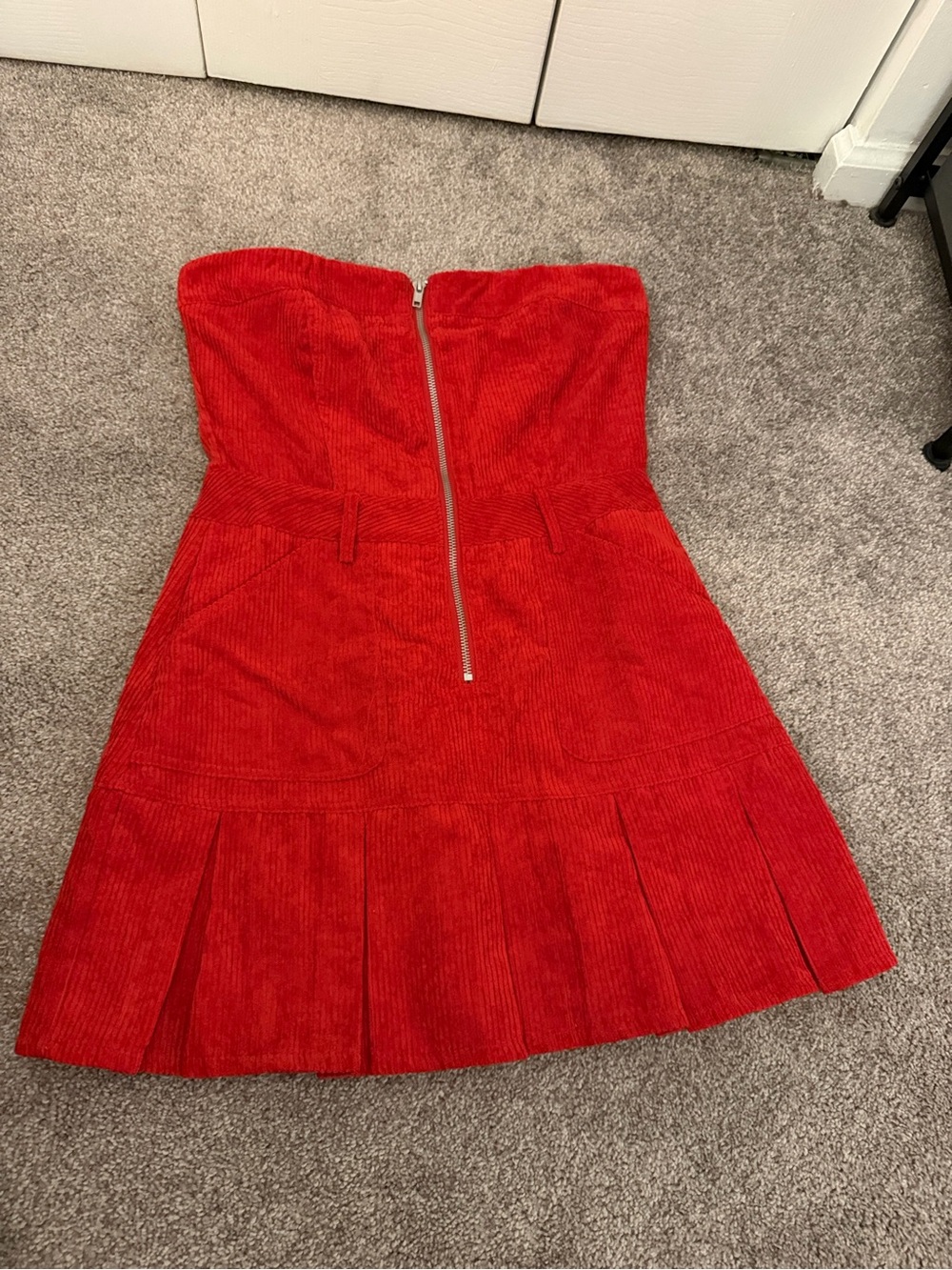 Strapless Red Corduroy Mini Dress